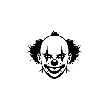 Vahşi saçları, keskin dişleri ve şeytani gözleri olan tehditkar bir palyaço yüzü korku ürünleri, Cadılar Bayramı kostümleri, korkunç karnaval logoları, dövme tasarımları ve karanlık sirk markaları için ideal..