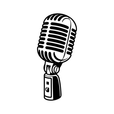 Klasik klasik klasik bir mikrofon retro ızgara tasarımı, podcast logoları için mükemmel, stüdyo markalaşması, rock grubu ürünleri, radyo istasyonu ikonları, müzik olayı posterleri ve hip-hop giyim baskıları..