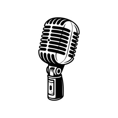 Klasik klasik klasik bir mikrofon retro ızgara tasarımı, podcast logoları için mükemmel, stüdyo markalaşması, rock grubu ürünleri, radyo istasyonu ikonları, müzik olayı posterleri ve hip-hop giyim baskıları..