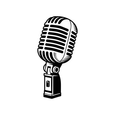 Klasik klasik klasik bir mikrofon retro ızgara tasarımı, podcast logoları için mükemmel, stüdyo markalaşması, rock grubu ürünleri, radyo istasyonu ikonları, müzik olayı posterleri ve hip-hop giyim baskıları..