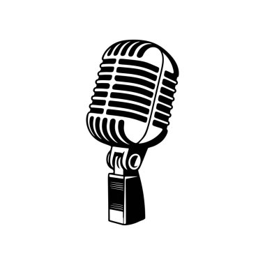 Klasik klasik klasik bir mikrofon retro ızgara tasarımı, podcast logoları için mükemmel, stüdyo markalaşması, rock grubu ürünleri, radyo istasyonu ikonları, müzik olayı posterleri ve hip-hop giyim baskıları..