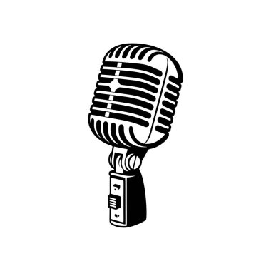 Klasik klasik klasik bir mikrofon retro ızgara tasarımı, podcast logoları için mükemmel, stüdyo markalaşması, rock grubu ürünleri, radyo istasyonu ikonları, müzik olayı posterleri ve hip-hop giyim baskıları..