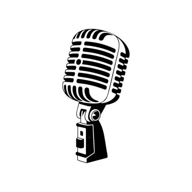 Klasik klasik klasik bir mikrofon retro ızgara tasarımı, podcast logoları için mükemmel, stüdyo markalaşması, rock grubu ürünleri, radyo istasyonu ikonları, müzik olayı posterleri ve hip-hop giyim baskıları..