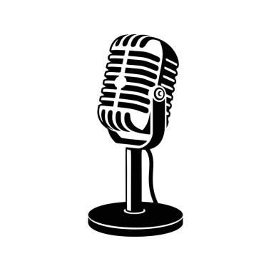 Klasik klasik klasik bir mikrofon retro ızgara tasarımı, podcast logoları için mükemmel, stüdyo markalaşması, rock grubu ürünleri, radyo istasyonu ikonları, müzik olayı posterleri ve hip-hop giyim baskıları..