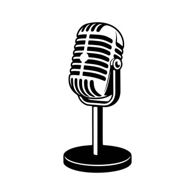 Klasik klasik klasik bir mikrofon retro ızgara tasarımı, podcast logoları için mükemmel, stüdyo markalaşması, rock grubu ürünleri, radyo istasyonu ikonları, müzik olayı posterleri ve hip-hop giyim baskıları..