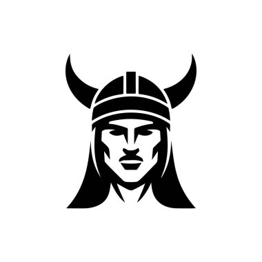 Kaskında belirgin kavisli boğa boynuzları olan vahşi bir Viking savaşçısı, yoğun yüz hatları, uzun saçlar ve sakal, İskandinav mitolojisi markaları için mükemmel, ağır metal grupları, macera takımları, bal likörü salonu logoları ve pagan festivali ürünleri için mükemmel..