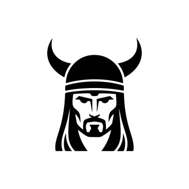 Kaskında belirgin kavisli boğa boynuzları olan vahşi bir Viking savaşçısı, yoğun yüz hatları, uzun saçlar ve sakal, İskandinav mitolojisi markaları için mükemmel, ağır metal grupları, macera takımları, bal likörü salonu logoları ve pagan festivali ürünleri için mükemmel..