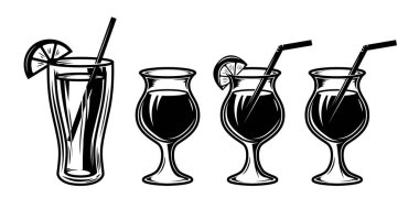 Kokteyl bardaklarının dört adet siyah beyaz vektör çizimi. Her bardakta kalın bir grafik tarzıyla yapılmış bir pipet ve turunçgil garnitürü var..