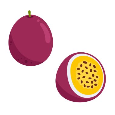 Mor tutku meyvesinin düz vektör çizimi ve sarı posa ve siyah tohumları gösteren yarım kesim. Beyaz arka planda minimalist meyve tasarımı.