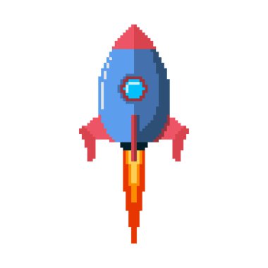Beyaz arka planda izole edilmiş pikselli sanat roketi ikonu. Vektör illüstrasyonu