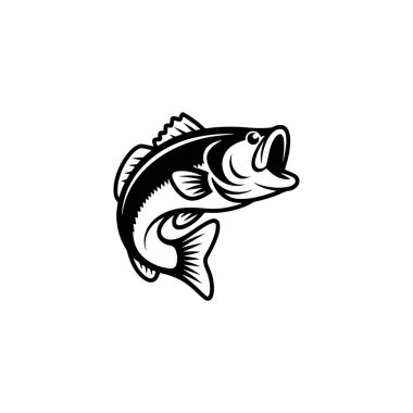 Bir levrek balığının cesur siyah beyaz vektör çizimi. Tasarım, kalın hatları ve beyaz arkaplan üzerinde ayrıntılı pulları olan dinamik bir duruş içerir..