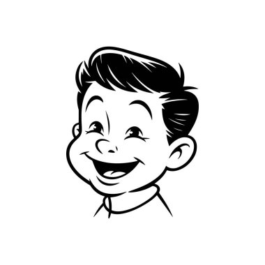 Gülümseyen genç bir çocuğun neşeli, siyah-beyaz, retro vektör çizimi. Grafikler temiz çizgiler ve 1950 'lerden esinlenilmiş beyaz bir saç stili içeriyor..