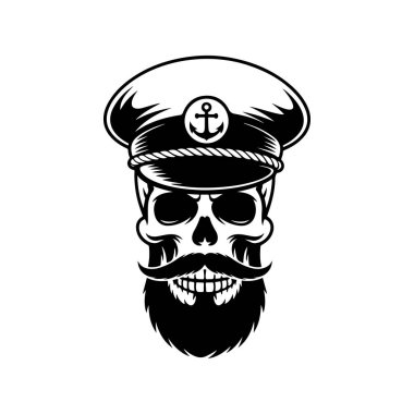 Denizcilik kaptanı şapkası ve çapa amblemi takan sakallı bir kafatasının koyu siyah beyaz çizimi. Beyaz arkaplanda izole edilmiş temiz grafik biçimi.
