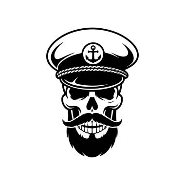 Denizcilik kaptanı şapkası ve çapa amblemi takan sakallı bir kafatasının koyu siyah beyaz çizimi. Beyaz arkaplanda izole edilmiş temiz grafik biçimi.