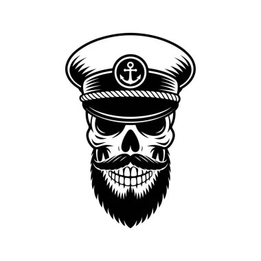 Denizcilik kaptanı şapkası ve çapa amblemi takan sakallı bir kafatasının koyu siyah beyaz çizimi. Beyaz arkaplanda izole edilmiş temiz grafik biçimi.