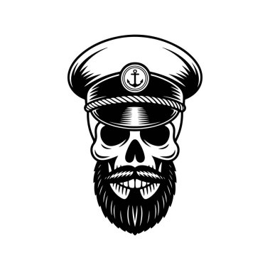 Denizcilik kaptanı şapkası ve çapa amblemi takan sakallı bir kafatasının koyu siyah beyaz çizimi. Beyaz arkaplanda izole edilmiş temiz grafik biçimi.