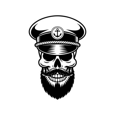 Denizcilik kaptanı şapkası ve çapa amblemi takan sakallı bir kafatasının koyu siyah beyaz çizimi. Beyaz arkaplanda izole edilmiş temiz grafik biçimi.