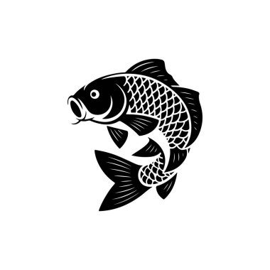 Sazan balığının cesur bir siyah beyaz vektör çizimi. Tasarım, detaylı pulları ve beyaz arka planda uzun barbelleri olan kıvrımlı, dinamik bir poziyona sahiptir..