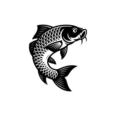 Sazan balığının cesur bir siyah beyaz vektör çizimi. Tasarım, detaylı pulları ve beyaz arka planda uzun barbelleri olan kıvrımlı, dinamik bir poziyona sahiptir..