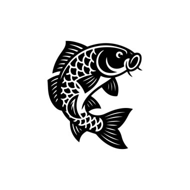 Sazan balığının cesur bir siyah beyaz vektör çizimi. Tasarım, detaylı pulları ve beyaz arka planda uzun barbelleri olan kıvrımlı, dinamik bir poziyona sahiptir..