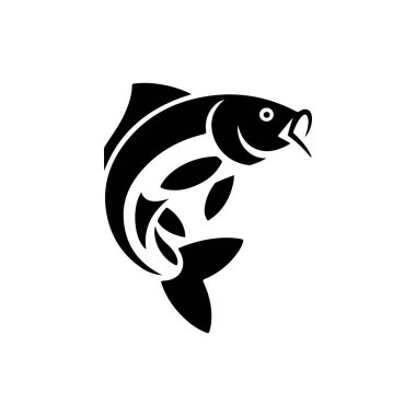 Sazan balığının cesur bir siyah beyaz vektör çizimi. Tasarım, detaylı pulları ve beyaz arka planda uzun barbelleri olan kıvrımlı, dinamik bir poziyona sahiptir..