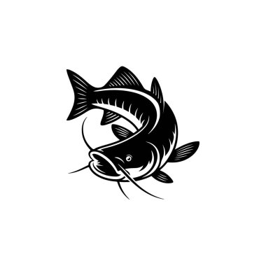 Bir yayın balığının cesur bir siyah beyaz vektör çizimi. Grafik, belirgin bıyıkları ve beyaz arka planda ayrıntılı yüzgeçleri olan dinamik eğimli bir poz içeriyor..