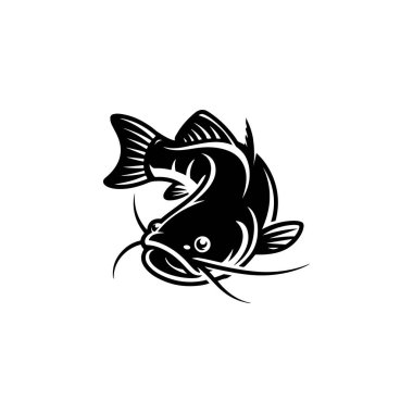 Bir yayın balığının cesur bir siyah beyaz vektör çizimi. Grafik, belirgin bıyıkları ve beyaz arka planda ayrıntılı yüzgeçleri olan dinamik eğimli bir poz içeriyor..