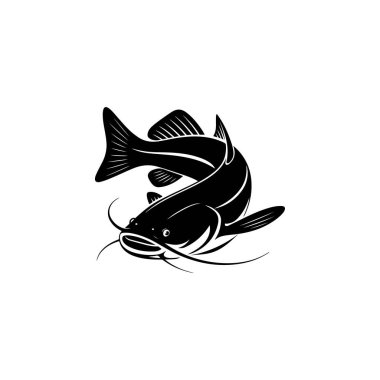 Bir yayın balığının cesur bir siyah beyaz vektör çizimi. Grafik, belirgin bıyıkları ve beyaz arka planda ayrıntılı yüzgeçleri olan dinamik eğimli bir poz içeriyor..