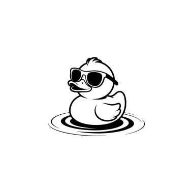 A bold black and white vector illustration of a cute rubber duck wearing cool sunglasses and floating on water ripples. Clean, minimalist mascot design on white.