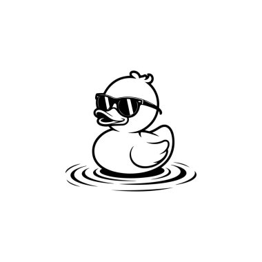 A bold black and white vector illustration of a cute rubber duck wearing cool sunglasses and floating on water ripples. Clean, minimalist mascot design on white.