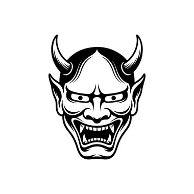 Geleneksel Japon Hannya maskesinin koyu siyah beyaz bir temsili. Grafikte keskin boynuzlar, tehditkar gözler ve beyaz arka planda kavrulmuş dişler yer alıyor..