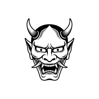 Geleneksel Japon Hannya maskesinin koyu siyah beyaz bir temsili. Grafikte keskin boynuzlar, tehditkar gözler ve beyaz arka planda kavrulmuş dişler yer alıyor..