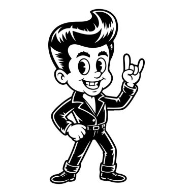 1950 'lerin rockabilly erkeğinin komik siyah beyaz çizimi. Pompadour takmış, deri ceket giymiş ve el hareketleriyle taş yapıyor..