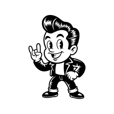 1950 'lerin rockabilly erkeğinin komik siyah beyaz çizimi. Pompadour takmış, deri ceket giymiş ve el hareketleriyle taş yapıyor..