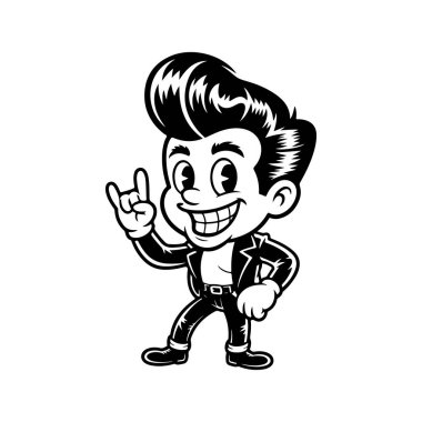 1950 'lerin rockabilly erkeğinin komik siyah beyaz çizimi. Pompadour takmış, deri ceket giymiş ve el hareketleriyle taş yapıyor..