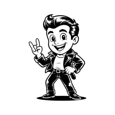 1950 'lerin rockabilly erkeğinin komik siyah beyaz çizimi. Pompadour takmış, deri ceket giymiş ve el hareketleriyle taş yapıyor..