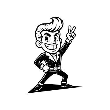 1950 'lerin rockabilly erkeğinin komik siyah beyaz çizimi. Pompadour takmış, deri ceket giymiş ve el hareketleriyle taş yapıyor..