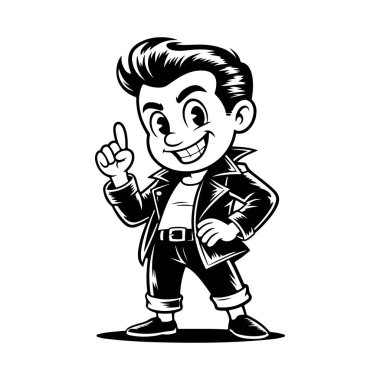 1950 'lerin rockabilly erkeğinin komik siyah beyaz çizimi. Pompadour takmış, deri ceket giymiş ve el hareketleriyle taş yapıyor..