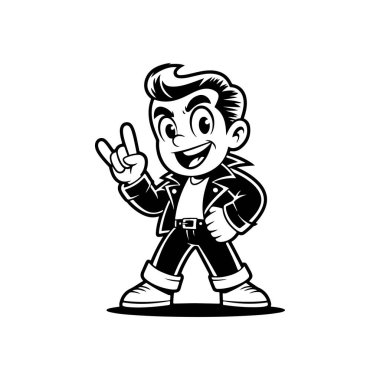 1950 'lerin rockabilly erkeğinin komik siyah beyaz çizimi. Pompadour takmış, deri ceket giymiş ve el hareketleriyle taş yapıyor..