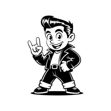 1950 'lerin rockabilly erkeğinin komik siyah beyaz çizimi. Pompadour takmış, deri ceket giymiş ve el hareketleriyle taş yapıyor..