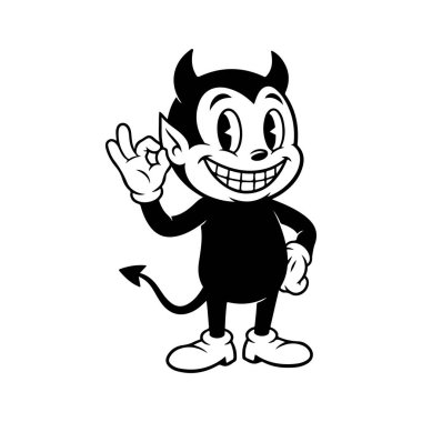 Klasik kauçuk hortum stili şeytan karakterinin oyuncu siyah ve beyaz vektör çizimi. Turta gözlü, beyaz eldivenli ve beyaz arka planda 