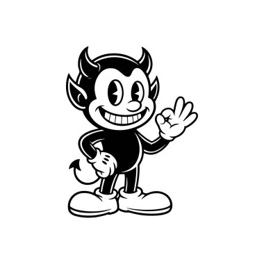 Klasik kauçuk hortum stili şeytan karakterinin oyuncu siyah ve beyaz vektör çizimi. Turta gözlü, beyaz eldivenli ve beyaz arka planda 