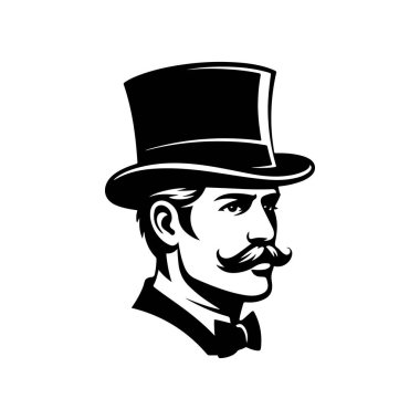 Bıyıklı, silindir şapkalı ve papyonlu bir beyefendinin sofistike siyah beyaz çizimi. Beyaz arka planda klasik klasik maskot stili.