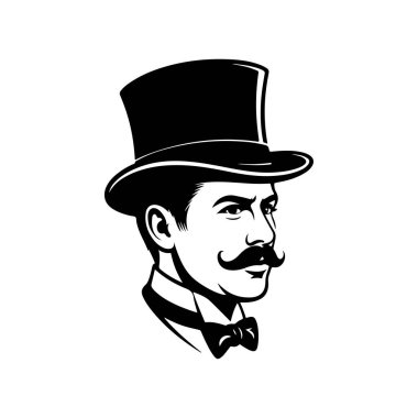 Bıyıklı, silindir şapkalı ve papyonlu bir beyefendinin sofistike siyah beyaz çizimi. Beyaz arka planda klasik klasik maskot stili.