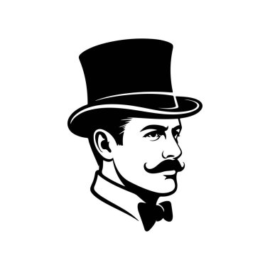 Bıyıklı, silindir şapkalı ve papyonlu bir beyefendinin sofistike siyah beyaz çizimi. Beyaz arka planda klasik klasik maskot stili.