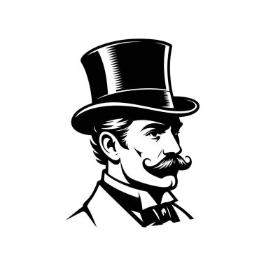 Bıyıklı, silindir şapkalı ve papyonlu bir beyefendinin sofistike siyah beyaz çizimi. Beyaz arka planda klasik klasik maskot stili.