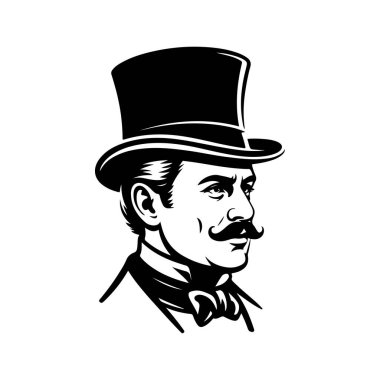 Bıyıklı, silindir şapkalı ve papyonlu bir beyefendinin sofistike siyah beyaz çizimi. Beyaz arka planda klasik klasik maskot stili.