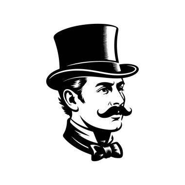Bıyıklı, silindir şapkalı ve papyonlu bir beyefendinin sofistike siyah beyaz çizimi. Beyaz arka planda klasik klasik maskot stili.