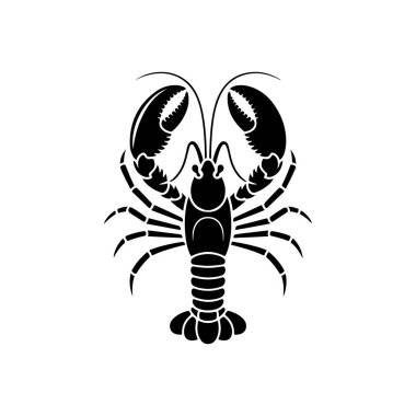 Yukarıdan görülen bir ıstakozun koyu siyah beyaz vektör çizimi. Grafik, beyaz bir arkaplanda izole edilmiş temiz simetrik çizgiler ve keskin pençeler içerir..