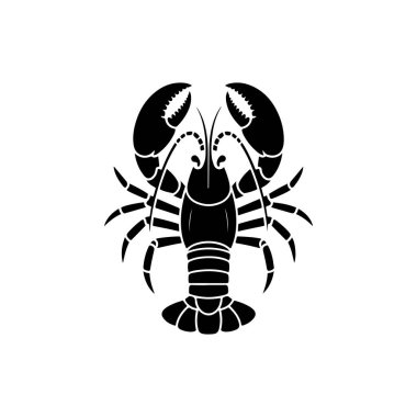 Yukarıdan görülen bir ıstakozun koyu siyah beyaz vektör çizimi. Grafik, beyaz bir arkaplanda izole edilmiş temiz simetrik çizgiler ve keskin pençeler içerir..